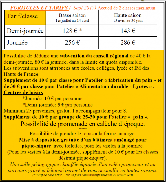 Tarifs ferme pedagogique sept 2018